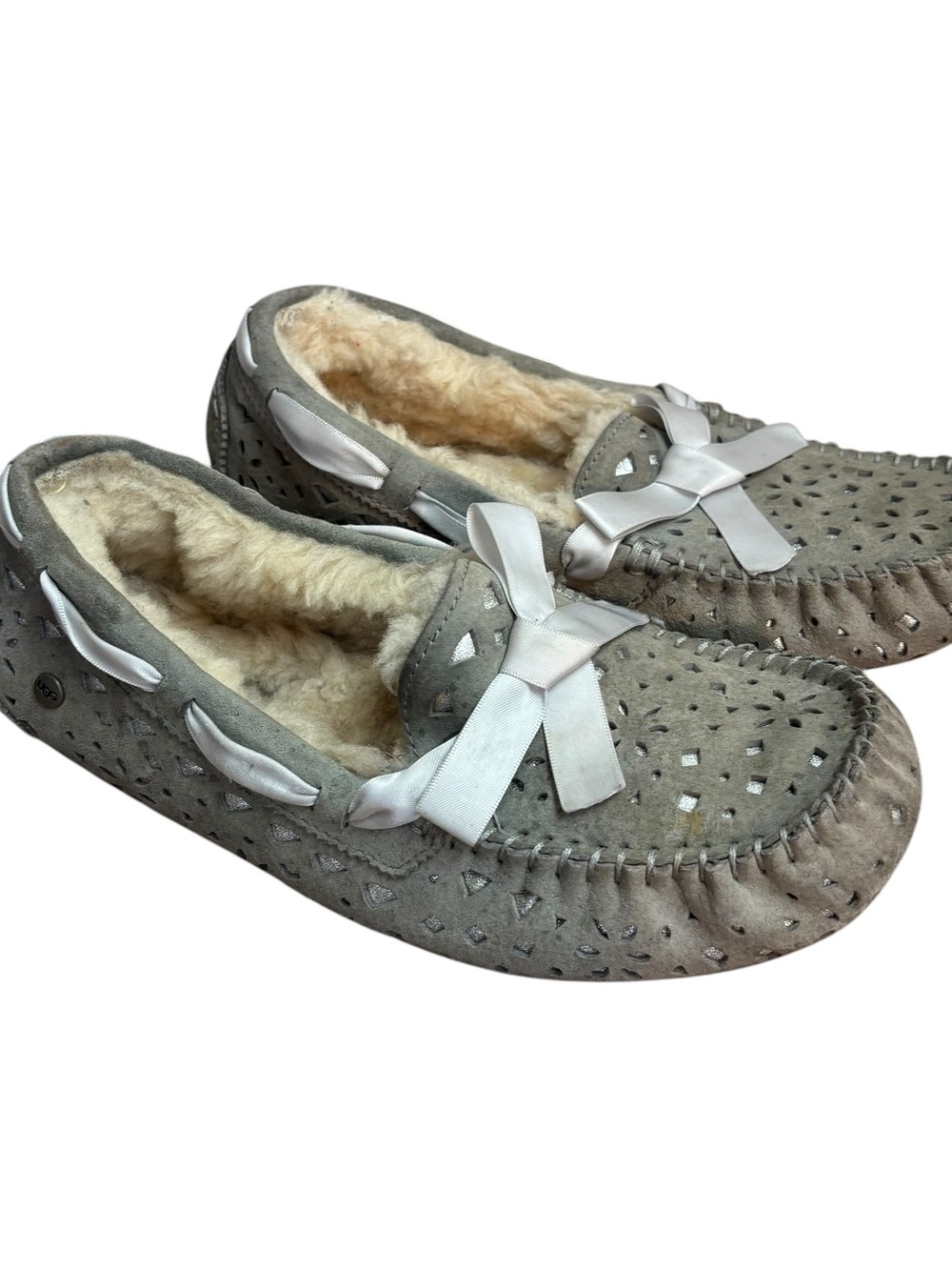 UGG Dakota Sunshine Perforated Suede Slippers Sheepskin Fur Lined Gray US 8 EU39
